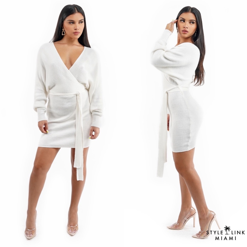 White Knit Long Sleeve Wrap Front Dress